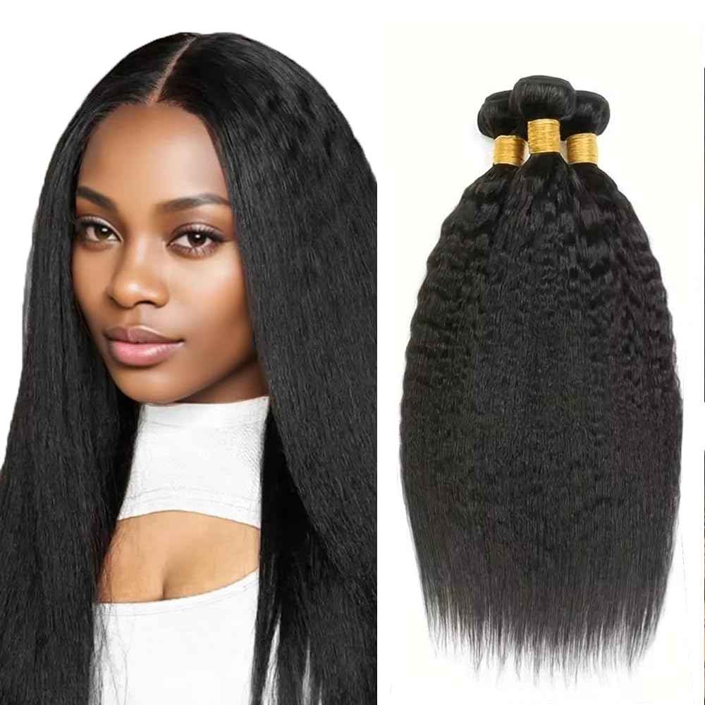 28 30 32 inch #1B Human Hair Bundles Kinky Straight Bundles Yaki Straight Human Hair Bundle Natural Black Color #1B Yaki Bundle 300g