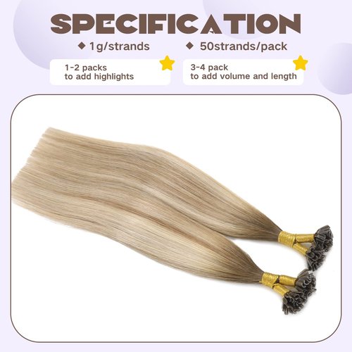 Sindra Keratin Nail Extension Tips Real Human Hair Balayage Darker Brown to Highlighted Blonde 18inch 50 Strand 50G Prebonded Fusion U Tip Hair Extensions Human Hair（Utip#3/8/22-18inch）
