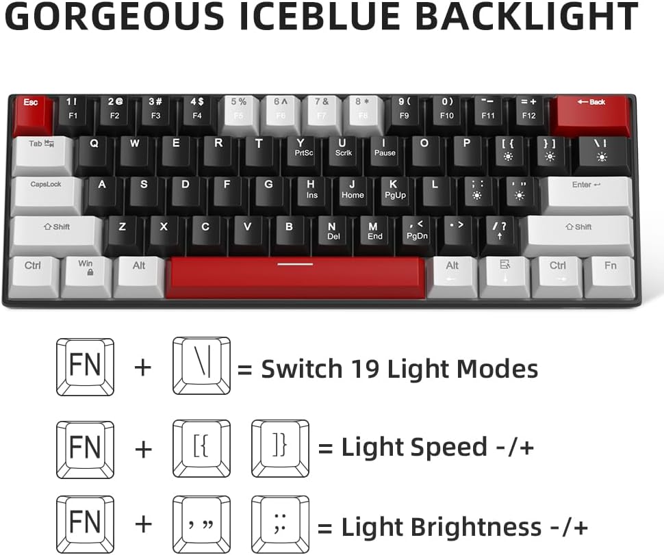 60% Mechanical Gaming Keyboard, White Gaming Keyboard with Red Switches, Detachable Type-C Cable Mini Keyboard with Blue LED Light for/PC/Laptop