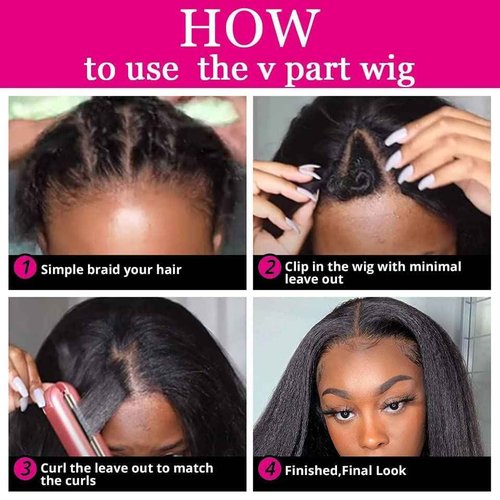 LOVFIR V Part Wig Human Hair Kinky Straight V Part Human Hair Wig for Black Women 180% Density Upgrade U Part Human hair wig Glueless V Shape Wig Yaki Straight Human Hair Wig Beginner Friendly 16 Inch