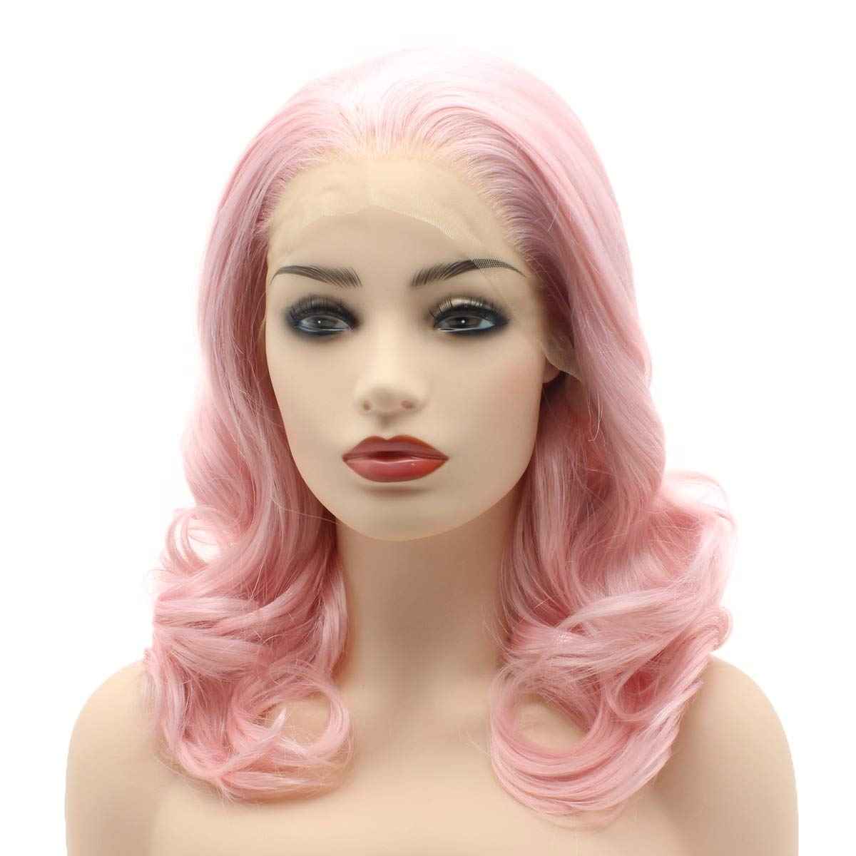 Meiyite Hair Wavy Shoulder Length 16inch Pink Heavy Density Heat Friendly Synthetic Lace Front Wigs