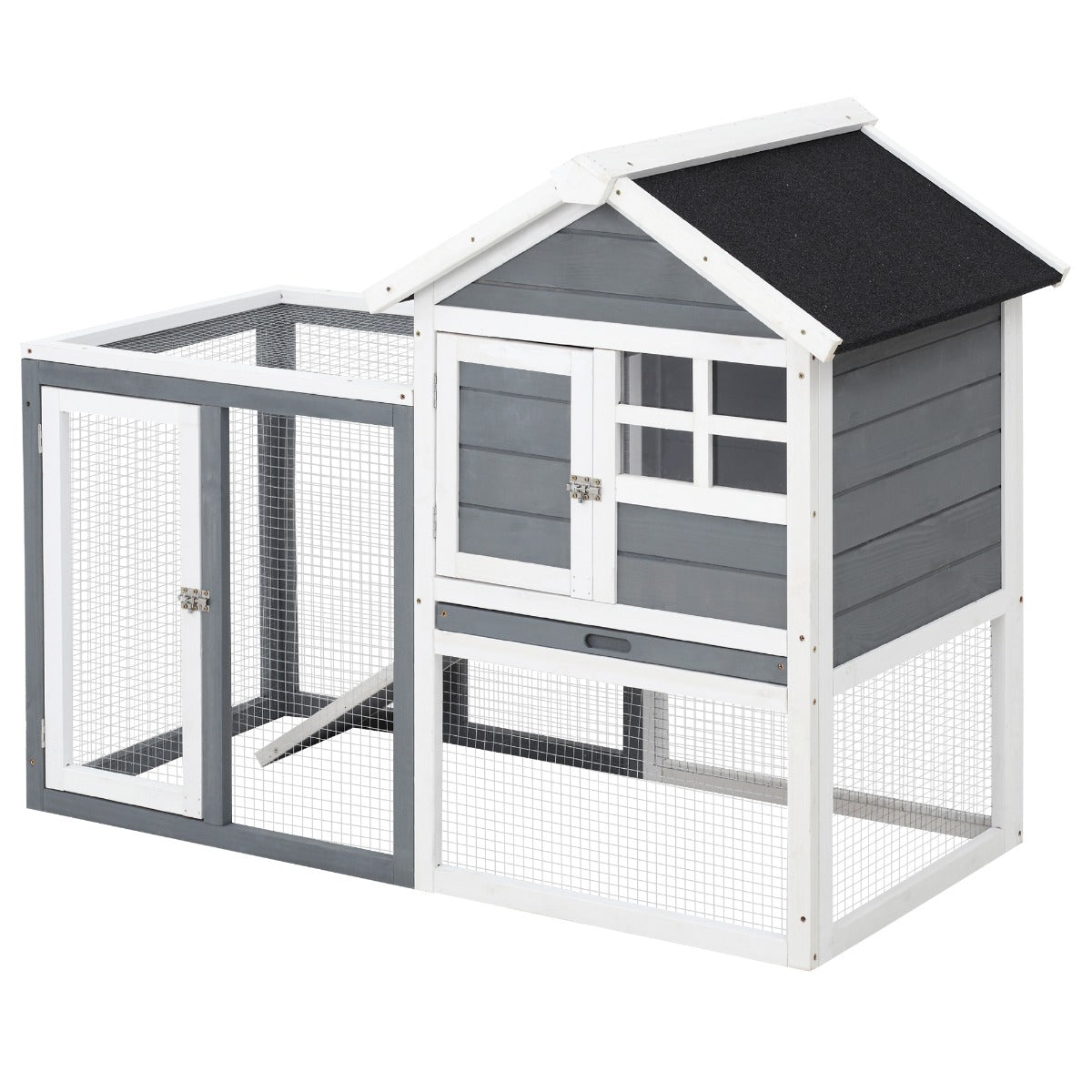 Weatherproof Wooden Rabbit Hutch with Outdoor Run & Slanted Asphalt Roof - Gray