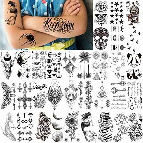 66 Sheets 3D Small Black Temporary Tattoos For Women Men Waterproof Fake Tattoo Stickers For Face Neck Arm Children Flower Birds Star Realistic Tatoo Kits For Boy Girls Adults