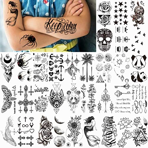 66 Sheets 3D Small Black Temporary Tattoos For Women Men Waterproof Fake Tattoo Stickers For Face Neck Arm Children Flower Birds Star Realistic Tatoo Kits For Boy Girls Adults