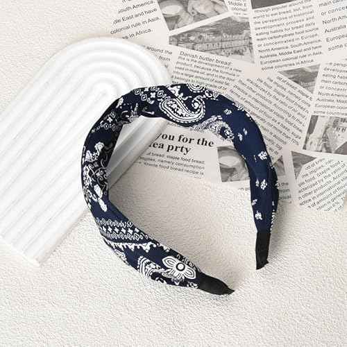 Guqqeuc Knotted Bandana Headband Paisley Boho Hairband for Women Girls Pattern Turban Head Bands for Women Wide Twist Hair Bands for Short Long Hair Accessories, Navy Blue