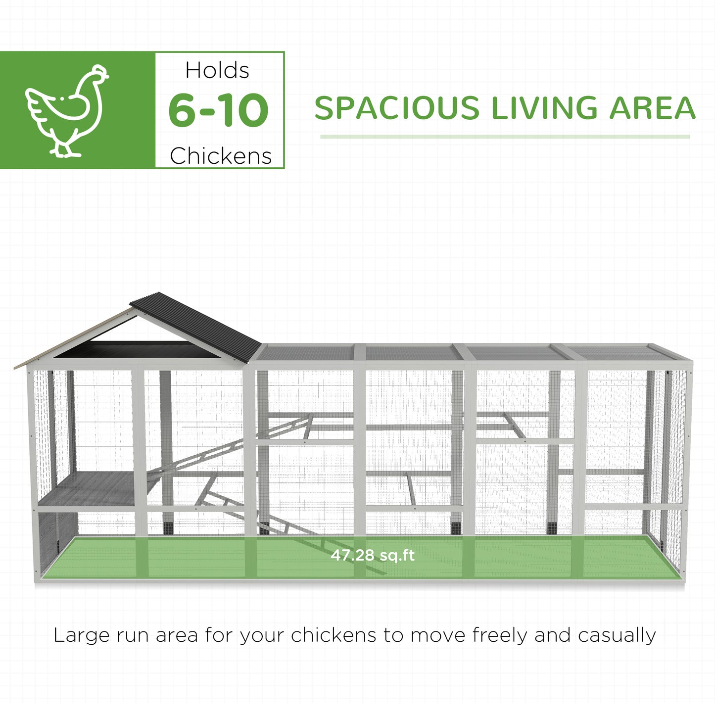 Wooden Chicken Coop Run for 6-10 Chickens with Storage and Perches - Gray, 141.75 x 48 x 61 inches