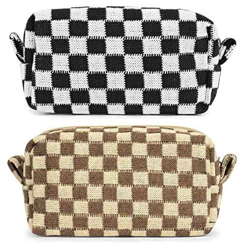 2 Pcs Checkered Makeup Bags, Portable Travel Toiletry Bag with Zipper, Makeup Bag Storage Cosmetic Bag for Women (Black&Light Brown)