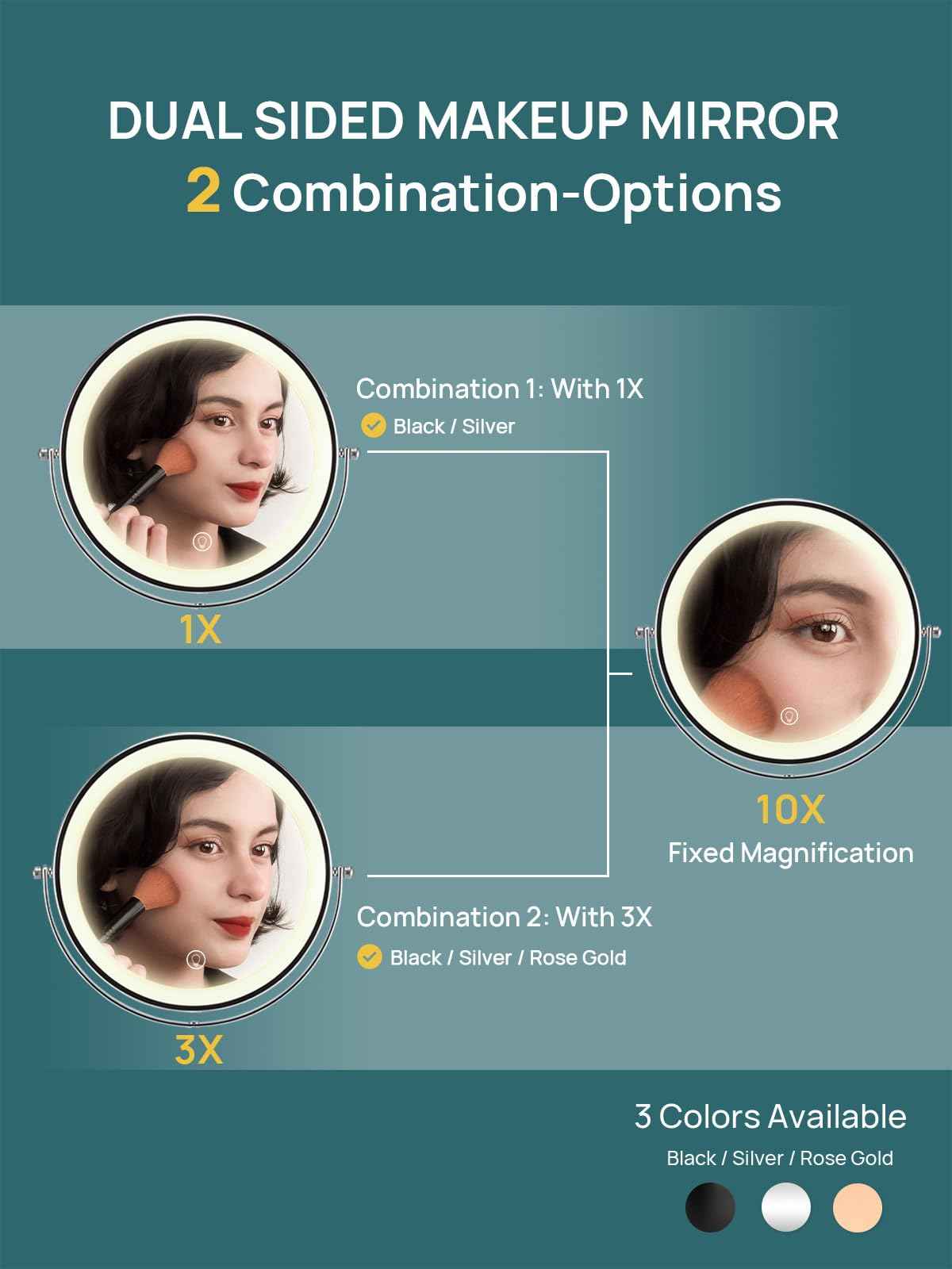 OMIRO 3X/10X Magnifying Makeup Mirror with Lights, 8.5 Inches Double Sided Swivel-Free Vanity Mirror with Height-Adjustable Stand. (Black)