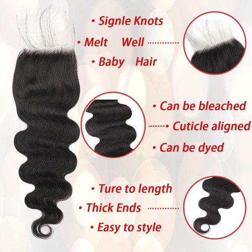5x5 Lace Closure Human Hair 22 Inches Body Wave Human Hair Closure Can be Curly and Dyed 100% Human Hair Lace Closure With Baby Hair(22Inches Natural Black)