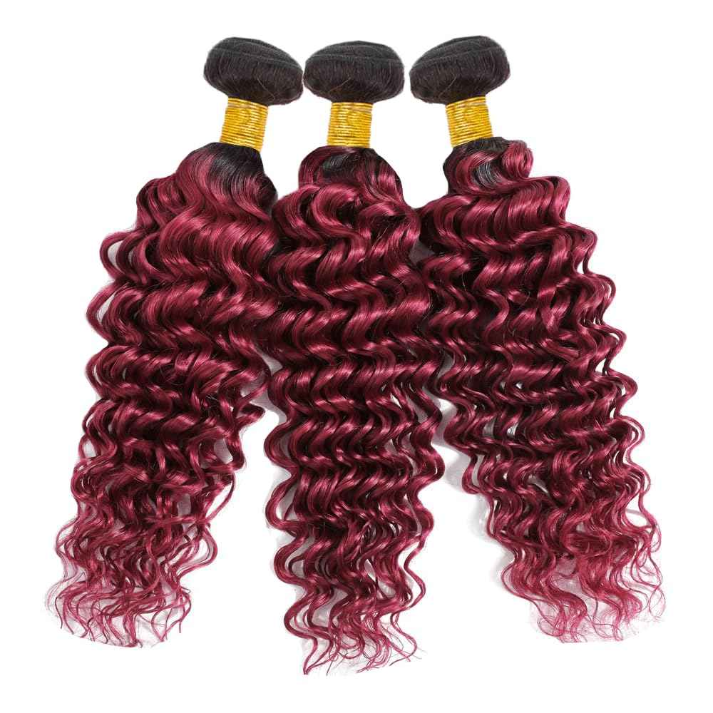 1B99J Burgundy Bundle Ombre Red Loose Deep Wave Human Hair Bundles Two Tone Black and Wine Red Bundles Human Hair 12 14 16 Inch