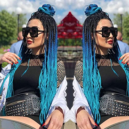 Braided Wigs for Black Women Ombre Blue Lace Front Wig Box Braided Lace Frontal Wigs Natural Hairline Synthetic Wigs Handmade Micro Braids Free Part Glueless Hair Replacement Wigs Cosplay Daily