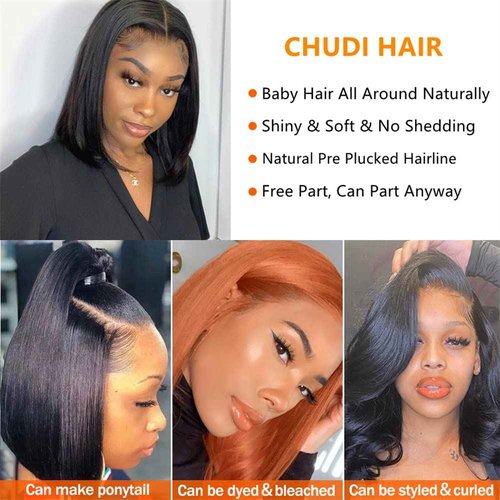 CHUDI 4x4 Bob Closure Wigs Human Hair 180% Density Glueless HD Lace Straight Bob Wigs Pre Plucked Natural Hairline Unprocessed Brazilian Human Hair for Women 14 inch