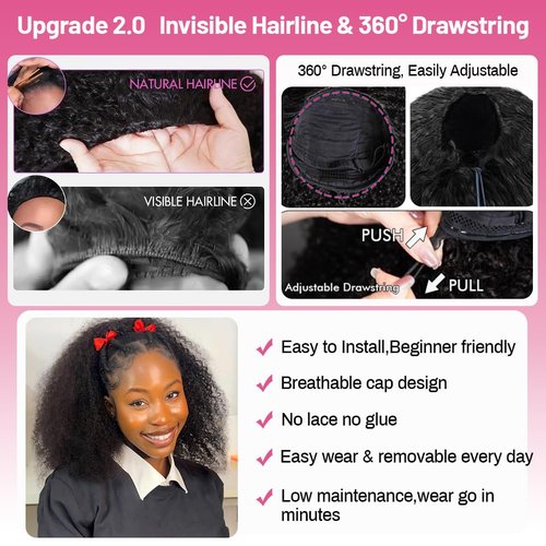 GYRJC Half Wig Human Hair Glueless Wigs Upgrade 3 In 1 Half Wig with Drawstring Seamless Clip Ins Flip Over Wig 200 Density Curly Human Hair Wig for Women Headband Wig 16 Inch