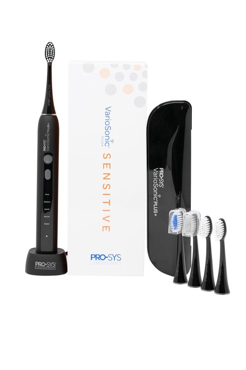 PRO-SYS® VarioSonic Plus+ Sensitive Kit Professional Electric Toothbrush for Sensitive Teeth, Rechargeable with Pressure Sensor and Timer, Customizable Intensity Powered Toothbrush with Travel Case