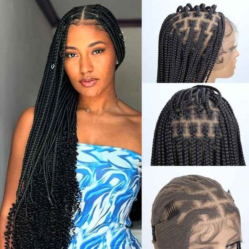 QUISDUIS Box Braided Wigs curly ends 32 inch 13X8 Lace Braid Wigs for Black Women Square Knotless Box Braid Wig with Baby Hair Handmade Synthetic Hair Blended Lace Front Wig Natural Black