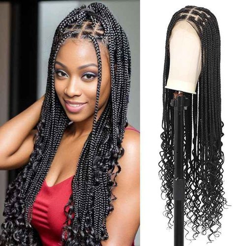Fecihor 36 Inch 13X8 HD Lace Front Box Braided Wigs With Boho Curly Ends Knotless Braided Wig For Women Premium Synthetic Braids Lace Front Wig With Baby Hair Natural Black