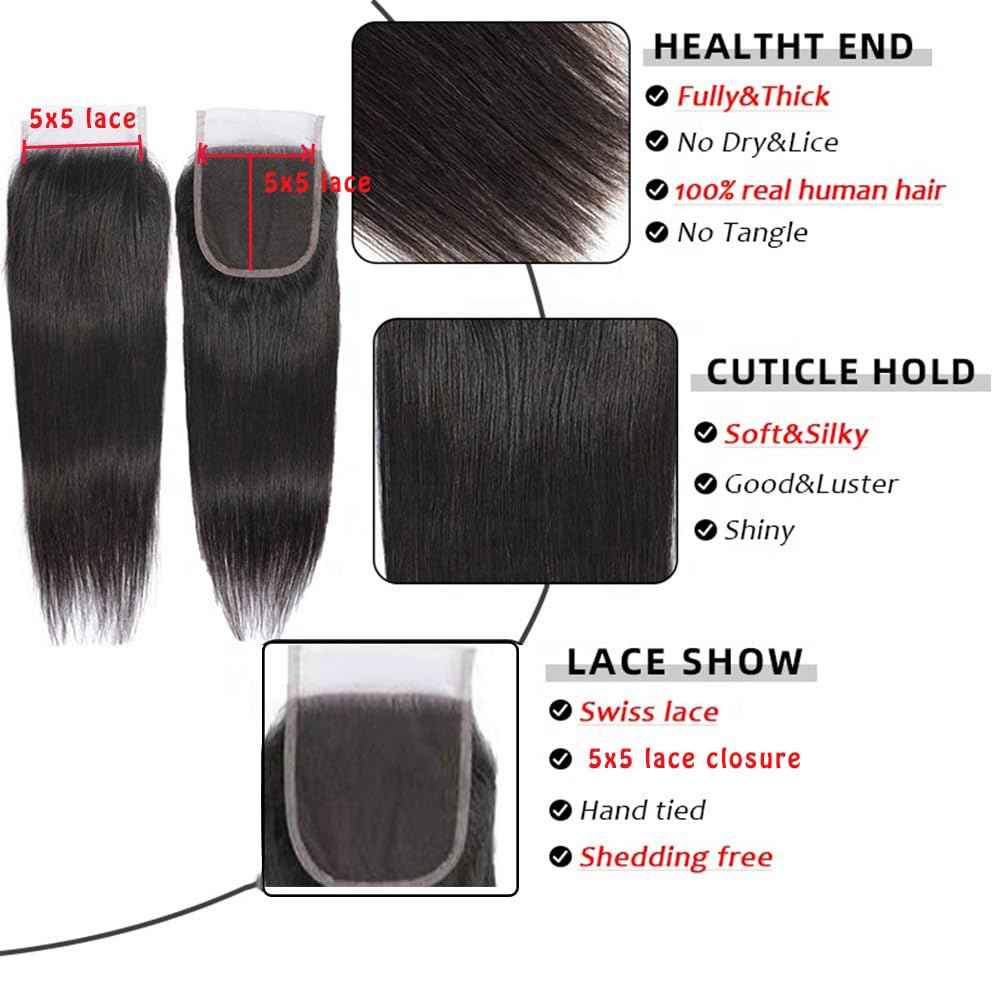 Human Hair Bundles with Closure Straight Bundles Human Hair with Lace Closure 22 20 18 +16 inch 5x5 Lace Closure Straight Human Hair 3 Bundles Hair Extensions for Woman