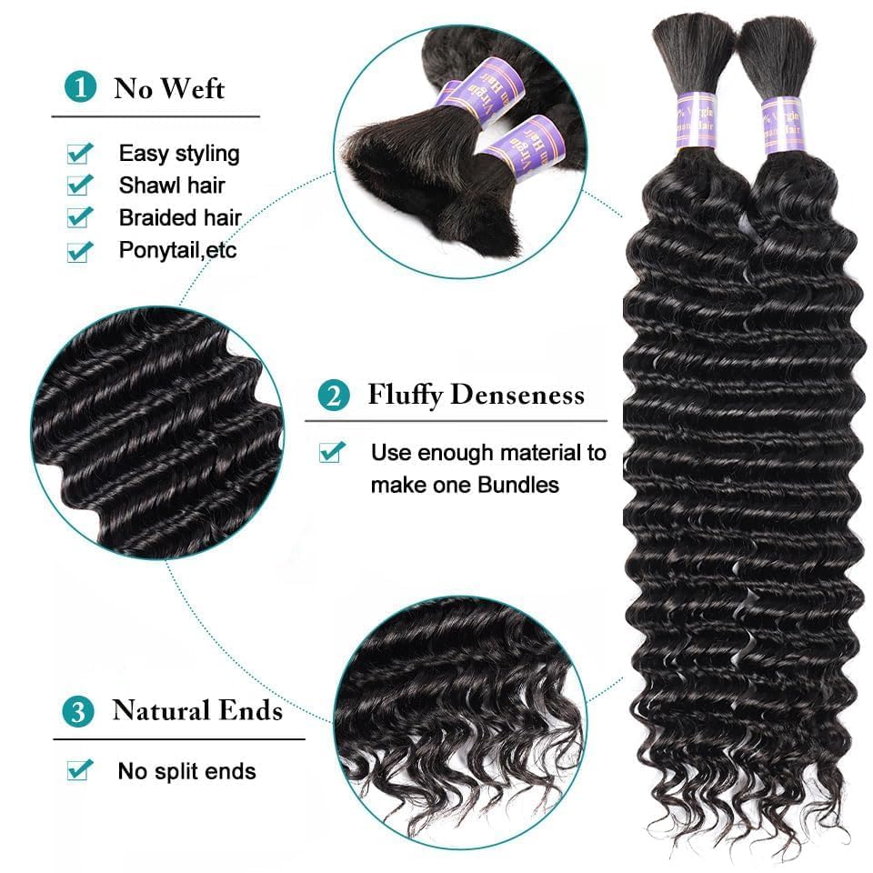 Human Braiding Hair 2 Bundle 100g Deep Wave Bulk Human Hair for Braiding No Weft 12A Brazilian Virgin Curly Human Hair Extensions for Boho Braids (Deep Wave-1B, 20/100g)
