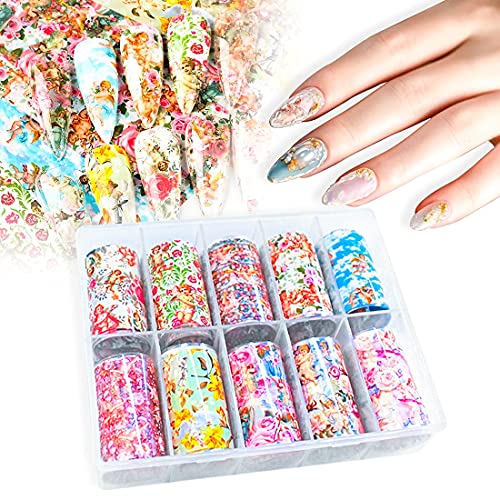 Nail Foil Transfer, DANNEASY 10 Sheets Angle Cupid Flower Design Nail Stickers Wraps Foil Nail Art Decals Manicure Strips DIY Nails Decoration Accessories