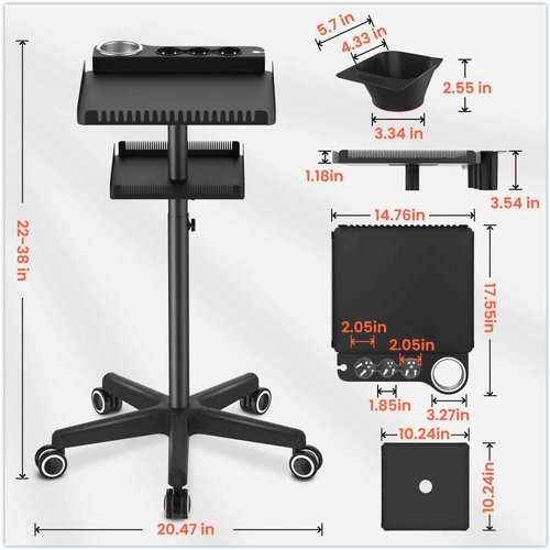 TASALON Professional Hair Extensions Organizer Cart Metal Salon Tray Cart with 2 Magnetic Bowls, Hair Dryer Holder,Adjustable Rolling Base, Black