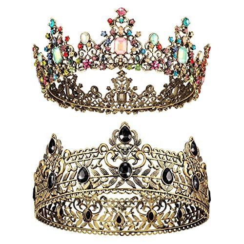 2 Pieces Baroque Crown King and Queen Crown Set for Men Women Black Rhinestone Crystal Queen Tiaras Royal Costume Crown Headwear for Prom Wedding Cosplay Homecoming Prom Christmas Party Decorations