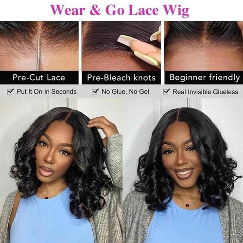 5x8 Glueless Wigs Human Hair Pre Plucked Pre Cut Bob Wig Human Hair 200% Density Body Wave Lace Front Wigs Human Hair HD Closure Wigs Short Bob Wigs for Black Women Wear and Go Glueless Wig 14 Inch