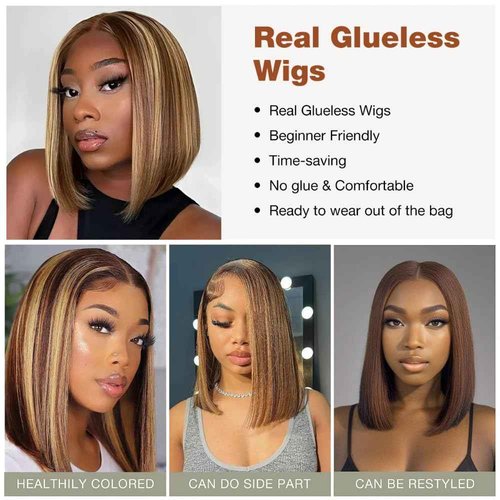Highlight 4/27 Honey Blonde Wear and Go Glueless Bob Wig Human Hair 5x5 Hd Lace Closure Wigs 12 Inch 200 Density Straight Ombre Brown Bob Lace Front Wig No Glue Pre Plucked Baby Hair for Women