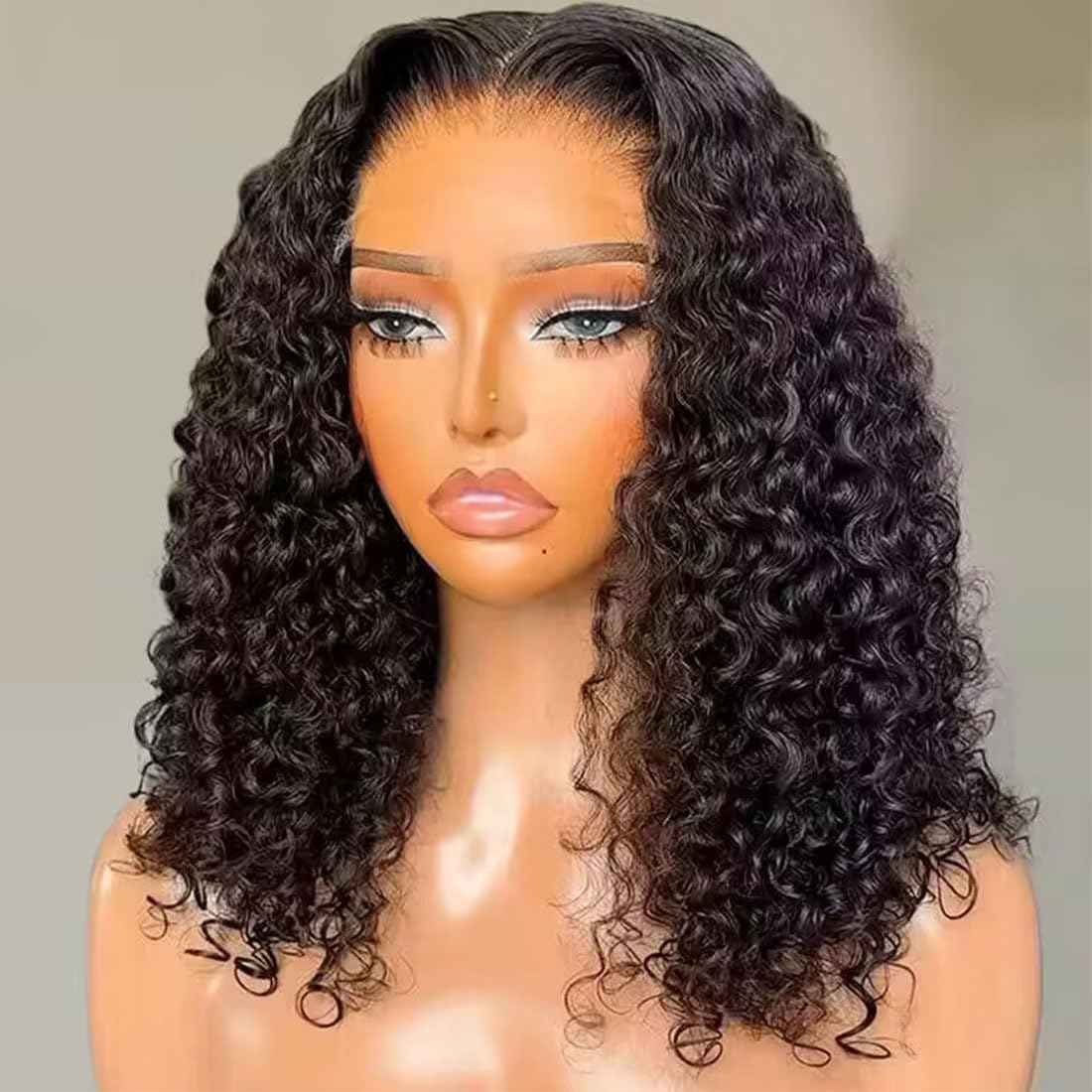 200% Density Mongolian Curly Human Hair Wigs 13X4 HD Lace Front Wigs Wear and Go Glueless Wigs Human Hair Pre Plucked with Baby Hair Unprocessed Virgin Hair Natural Black Color Curly Wig 16Inch