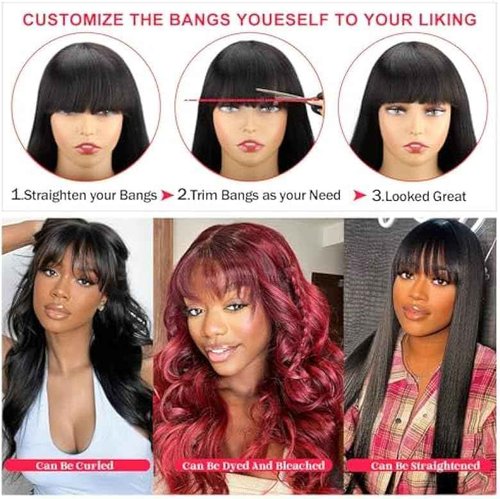 ROSELINE Body Wave Wigs with Bangs Human Hair Wigs for Black Women None Lace Front Wigs 150% Density Brazilian Virgin Hair Glueless Wig Natural Color 26inch