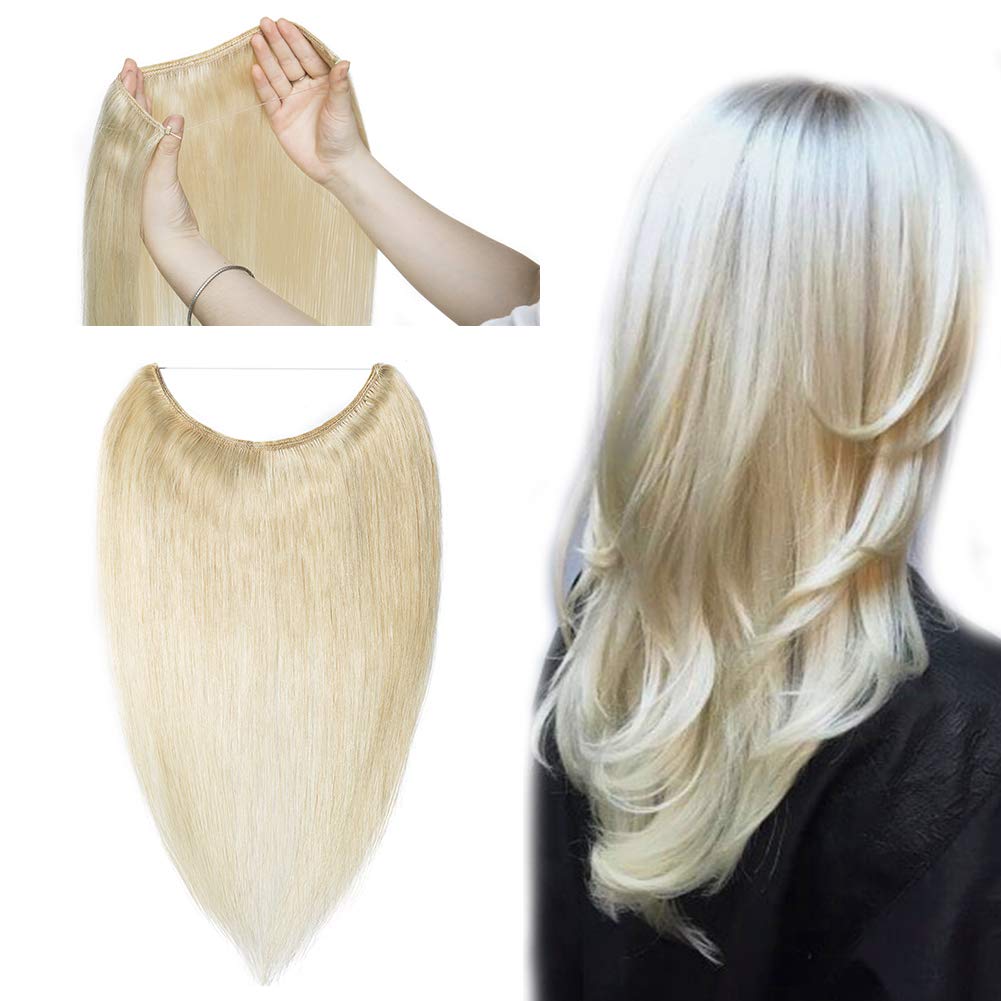 MY-LADY Thicker One Piece Wire Hair Extensions Real Human Hair 18 Inch Invisible Wire Headband Secret Miracle Wire Hidden Fish Line Hair Extensions Platinum Blonde 100g