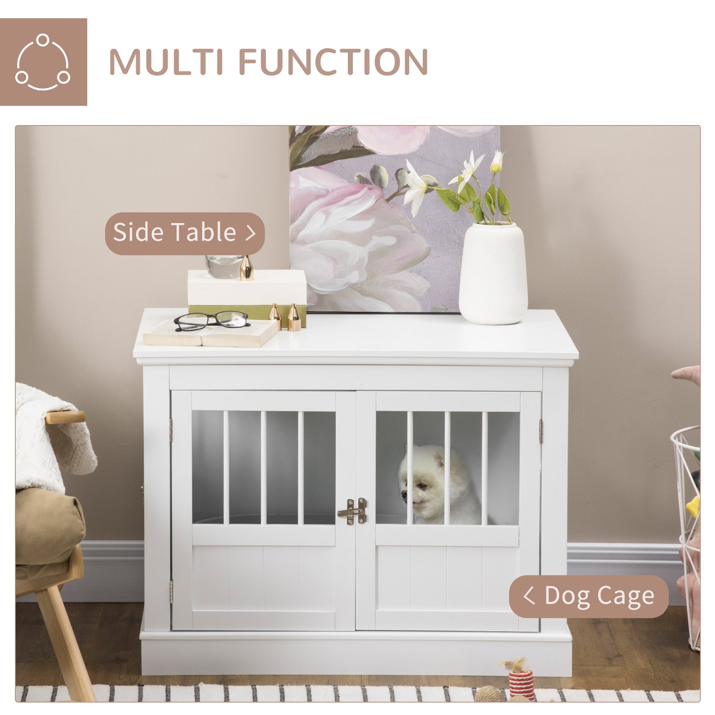 Wooden Dog Crate End Table with Triple Doors - Small Dog Furniture, White