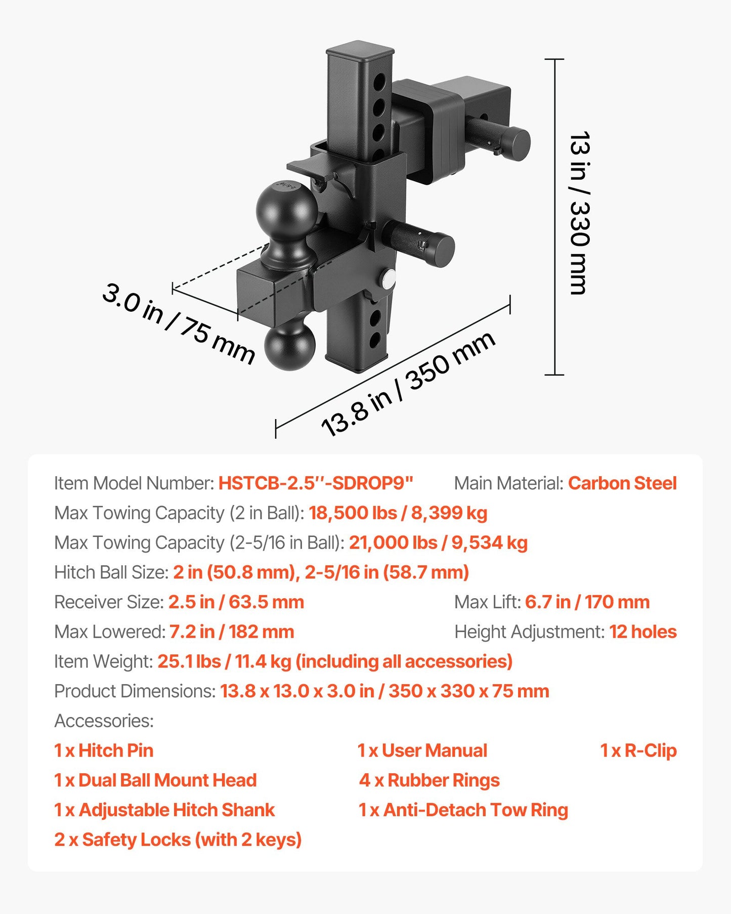 Adjustable Trailer Hitch Ball Mount for 2.5-Inch Receiver, 21000 lbs GTW, 9-Inch Drop, Black