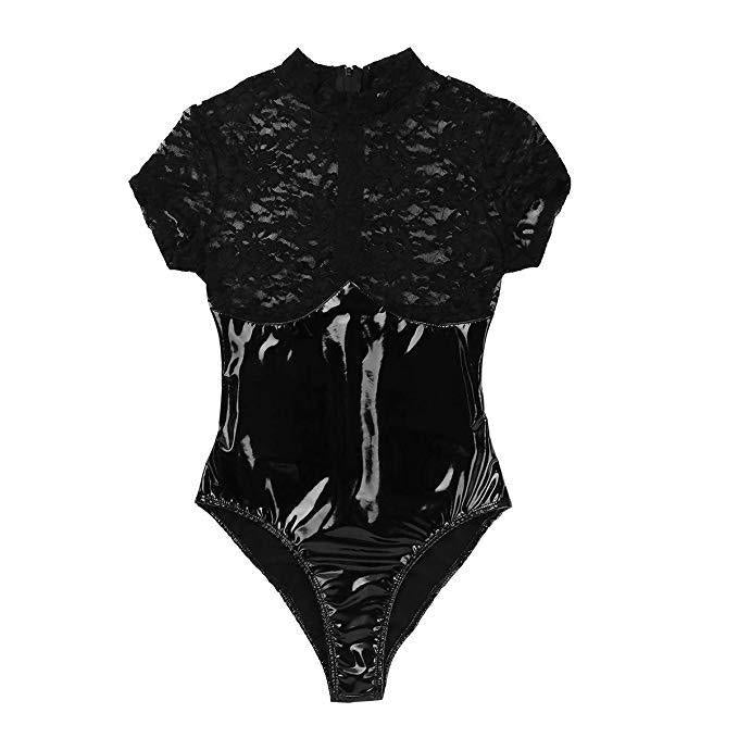 Black Patent Leather Lace Bodysuit for Women - Sexy Lingerie