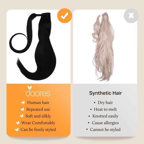 DOORES Hair Extensions Clip in Human Hair Ponytail Extension Jet Black 20 Inch 90g Ponytail Extension Real Human Hair Wrap Around Hair Extensions with Magic Paste Silky Long Straight
