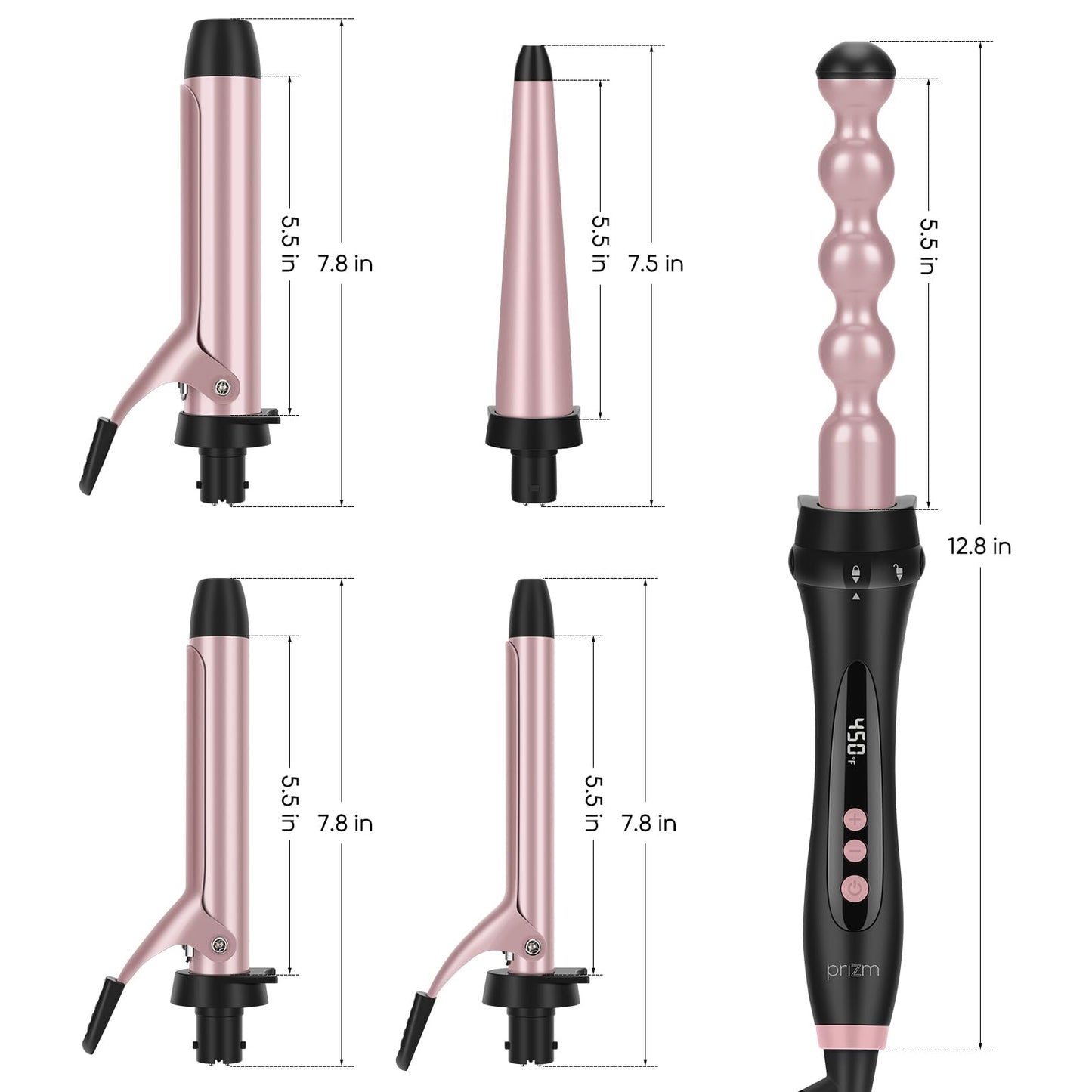 Prizm Pro Clamp Curling Iron Set,5 Interchangeable Barrel Curling Wand,Hair Wand 11 LCD Adjustable Temp,0.6 to 1.25 Inch,Bubble Wand,Tapered Curling Iron Travel Dual Voltage Rose Pink
