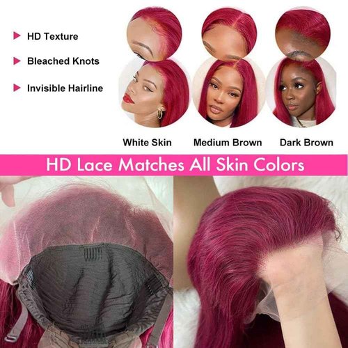 PiPiHA Burgundy Lace Front Wigs - 26 Inch Straight, Pre Plucked, 13x4 HD Glueless, 180% Density (26 Inch, 99j)