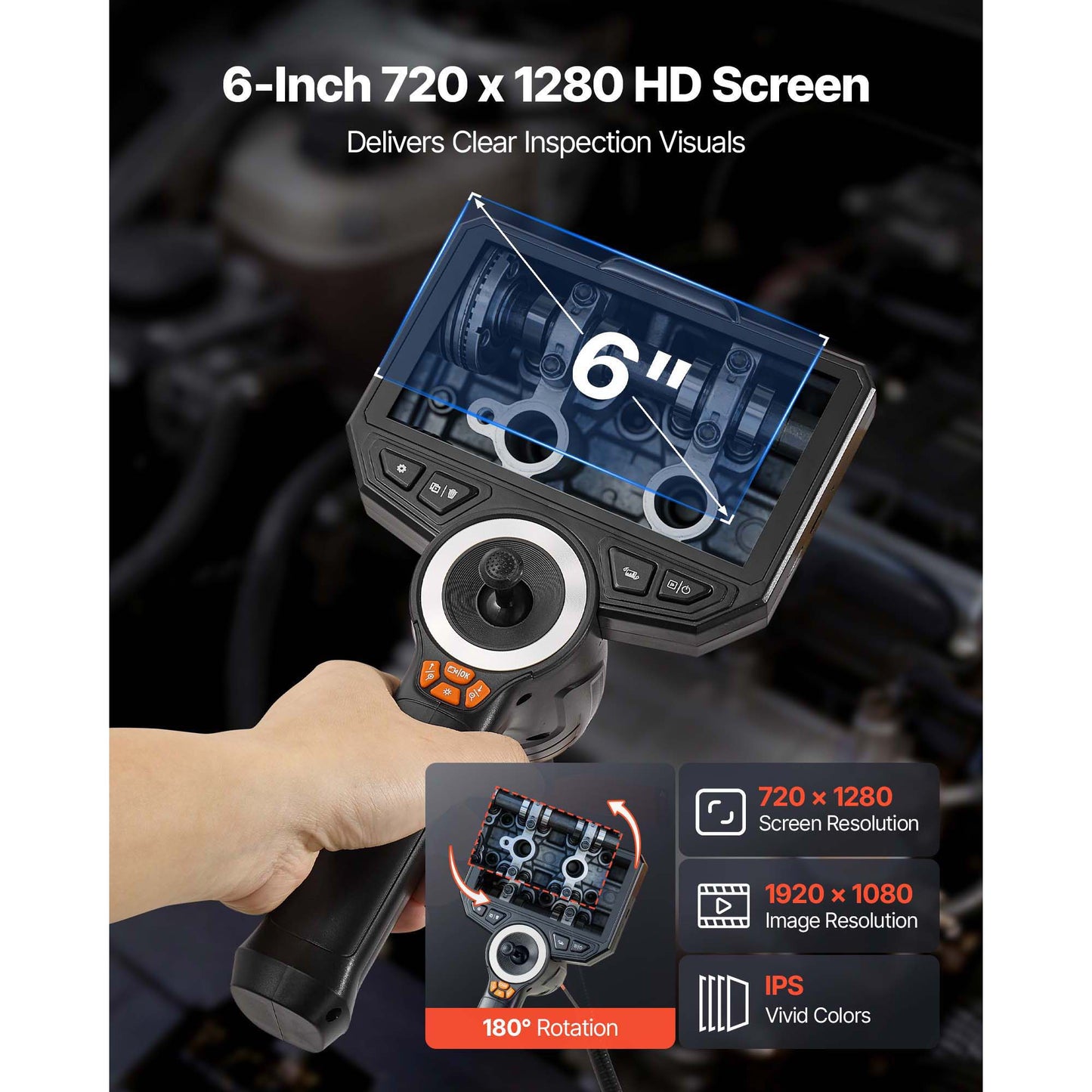 Articulating Endoscope Camera with Light, 6-Inch HD IPS Screen, 8X Zoom, Waterproof for Auto & Plumbing