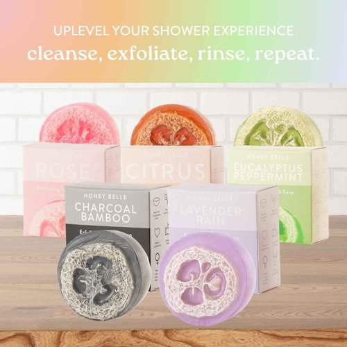 Honey Belle Exfoliating Loofah Soap Bar Top Selling 5 Pack | Exfoliating Soap Scrub with Loofah Inside | Eco-Friendly, Plant-Based, Moisturizing, All-Natural Soap with Built In Loofah
