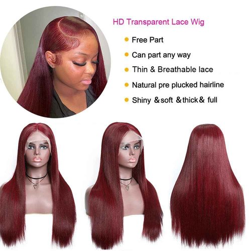 Katonyo 28 Inch 99J Burgundy Lace Front Wigs Human Hair 13x4 Straight Lace Front Wigs Human Pre Plucked Burgundy Wig Human Hair Wine Red Wigs for Women 180% Density Straight Colored Wigs