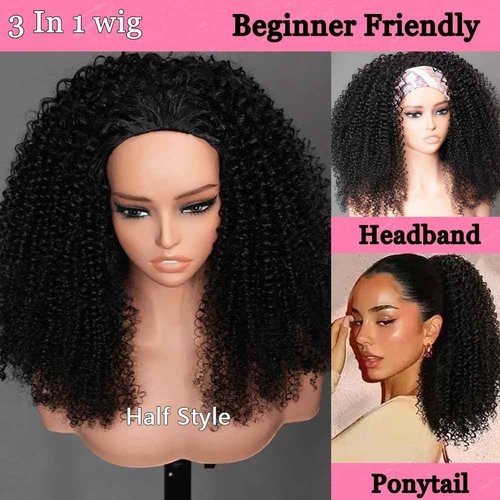Kinky Curly Half Wig Human Hair 200 Density 3 In 1 Headband Wig Seamless Flip Over Wear and Go Glueless Wigs Human Hair Beginner Friendly Kinky Curly Wig Human Hair Drawstring Wig for Women 20 inch