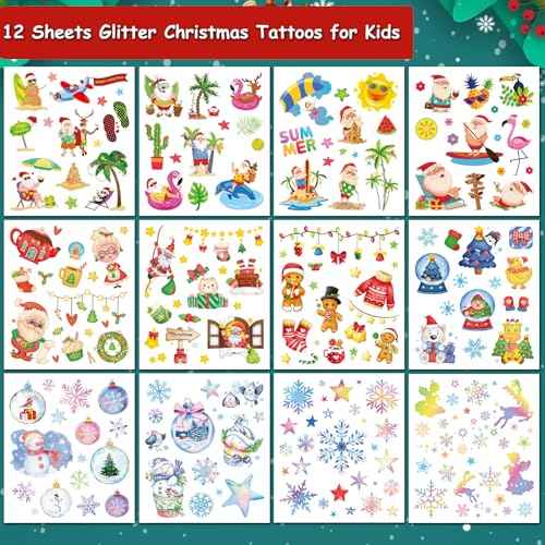 140 Styles Glitter Christmas Temporary Tattoos for Kids, 12 Sheets Glitter Christmas Holiday Tattoos for Kids Xmas Party Gifts Crafts Decoration