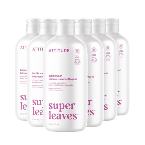 ATTITUDE Bubble Bath & Body Wash, EWG Verified, Vegan & Plant-Based, Dermatologist-Tested, Gentle Cleansing Formula, Coconut & Wild Berries Scent, 16 Fl Oz (Pack of 6)