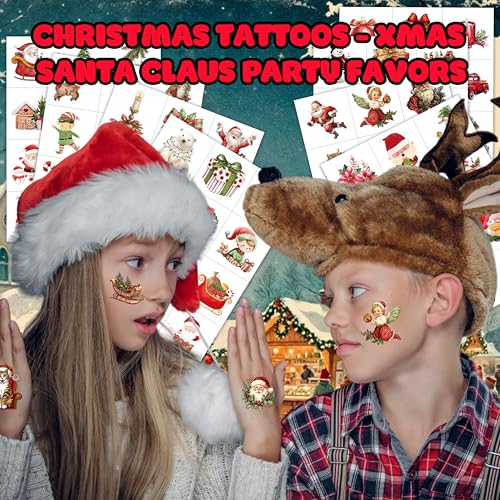 96PCS Christmas Temporary Tattoos Stickers Pre-Cut Themed Christmas Birthday Party Decorations Supplies Favors Decor Winter Xmas Santa Claus for Women Kids Adults Gifts Prizes Rewards