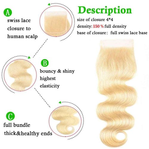 613 Blonde Bundles with Closure Human Hair (12 14 16+10") 12A Brazilian Blonde Body Wave Human Hair 3 Bundles with Closure 100% Unprocessed Virgin Body Wave Weave with Lace Closure