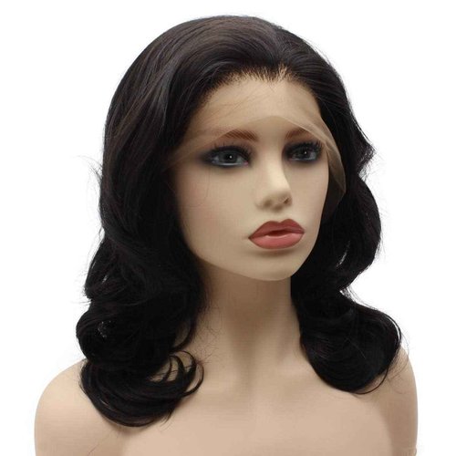 Aurssa Shoulder Length Wavy Dark Brown Half Hand Tied Heat Resistant Synthetic Lace Front Natural Wig