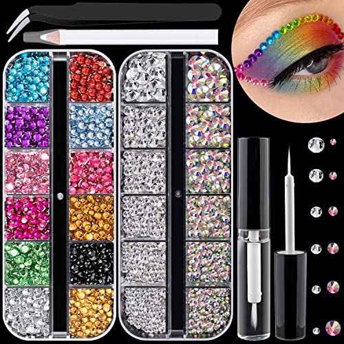 Flat Back Rhinestone Kits Colorful Rhinestones+Crystal AB&Transparent White Face Gems Nail Gem with Quick Dry Makeup Glue+Picker Pencil+Tweezer for Bedazzling Face Makeup and Nail Art