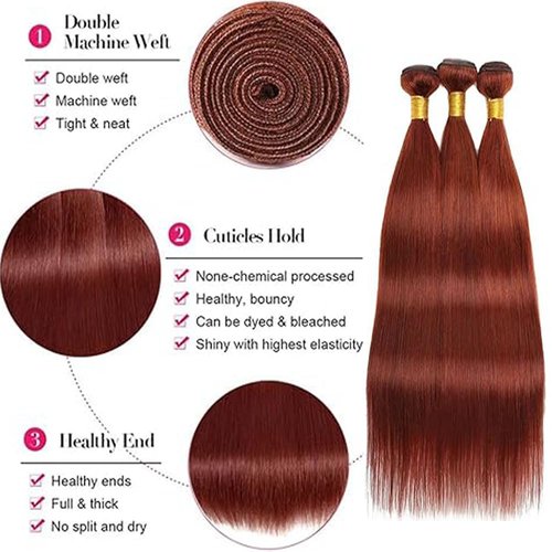 Reddish Brown Human Hair Bundles 22 24 26 Inch Straight Color 33 Copper Red Bundle Human Hair Extension Double Weft Unprocessed Brazilian Virgin Hair for Black Women