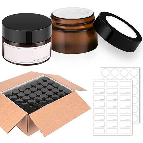 Bumobum 1 oz Amber Glass Jars with Lids, 105 pack Clear Small Jars with Black Lids, White Labels and Inner Liners, Empty Round Cosmetic Containers for Cream, Lotion (Amber 105 Pack)