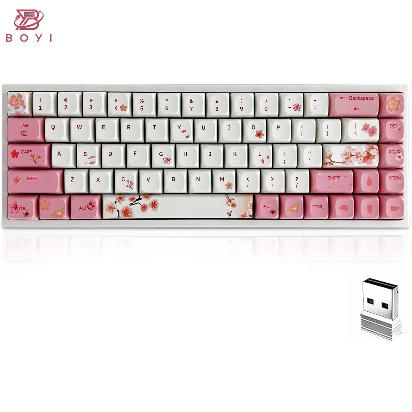 ZMX X BOYI Cherry Blossom Pink Gaming Keyboard,65% Compact 68 Keys Mini Hot Swap Tri-Mode BT/2,4G/Type-C Wireless Mechanical Keyboard with Dye-Sub PBT XDA Keycaps (Yellow Switch)