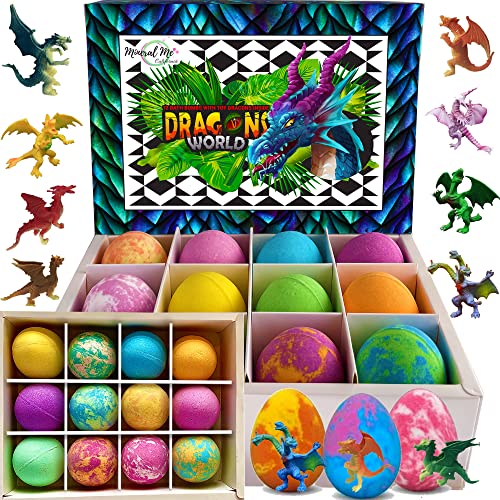 Bath Bombs for Kids with Surprise Inside - 12 Organic Bubble Bath Fizzies with Dragon Egg Toys. Gentle & Kids Friendly w/Rich Bubbles & Rainbow Colors, Stocking Stuffer Christmas Gifts for Boy, Girls